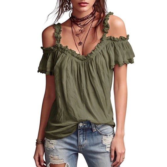 Women Cold Shoulder Ruffle Trim Top V Neck Short Sleeve Casual Blouse Green XXL