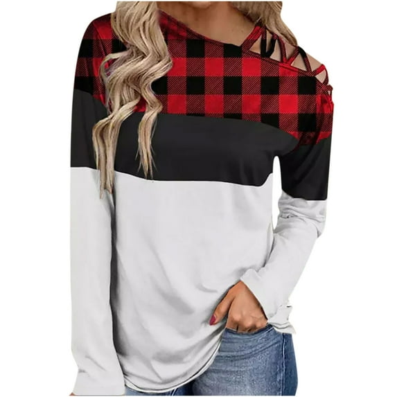 Women Cold Shoulder Shirts, Womens Color Block Tops Strappy Pullover Loose Blouse Long Sleeve Criss-Cross Tunics