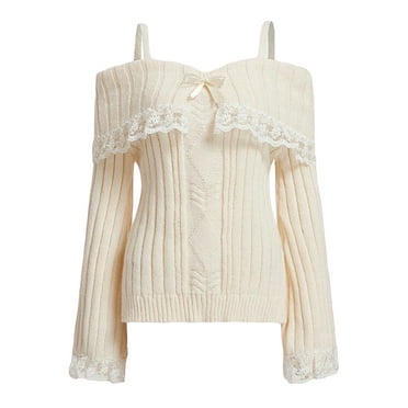 Women Cold Shoulder Sweater Long Sleeve Contrast Lace Splicing Knit Pullovers Off Shoulder Bow Front Fall Winter Jumper Tops