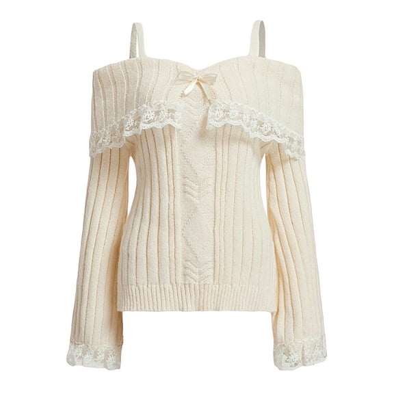 Women Cold Shoulder Sweater Long Sleeve Contrast Lace Splicing Knit Pullovers Off Shoulder Bow Front Fall Winter Jumper Tops