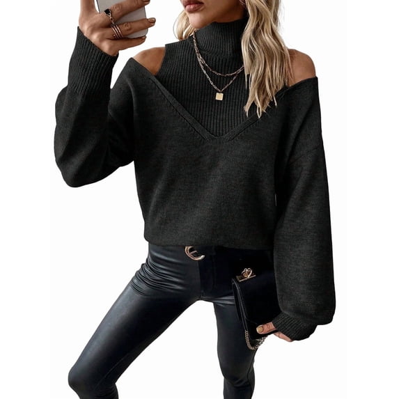 Women Cold Shoulder Sweater Turtelneck Cut Out Pullover Sweater Casual Long Sleeve High Neck 2 in 1 Tops Black XL