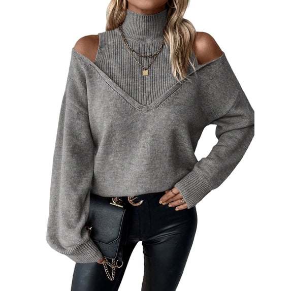 Women Cold Shoulder Sweater Turtelneck Cut Out Pullover Sweater Casual Long Sleeve High Neck 2 in 1 Tops Gray L