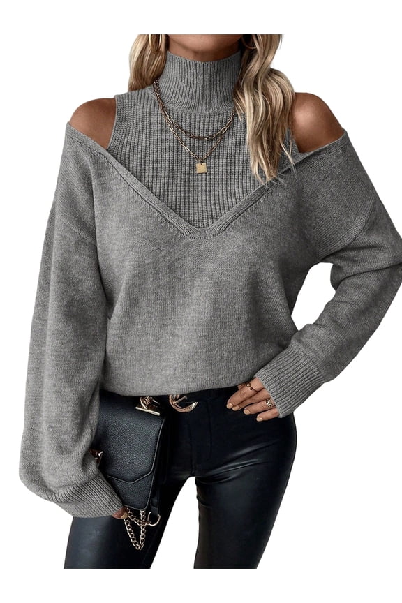 Women Cold Shoulder Sweater Turtelneck Cut Out Pullover Sweater Casual Long Sleeve High Neck 2 in 1 Tops Gray M