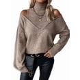 thumbnail image 1 of Women Cold Shoulder Sweater Turtelneck Cut Out Pullover Sweater Casual Long Sleeve High Neck 2 in 1 Tops Khaki L, 1 of 10