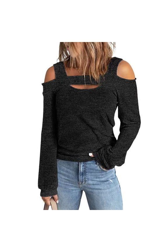 Women Cold Shoulder Top Cut Out Design Solid Color Fashionable Long Sleeve Blouse for Home Shopping Black XXL
