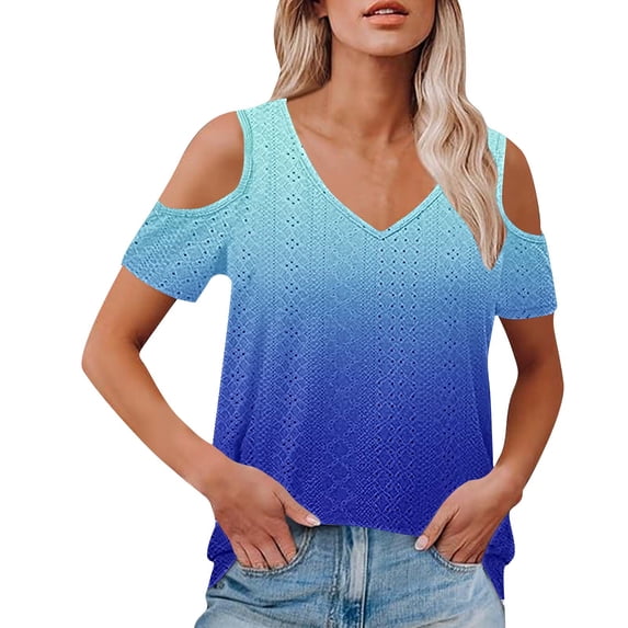 Women Cold Shoulder Tops Short Sleeve V Neck Summer Tee 2025 Fashion Outfits Casual Gradient Color T Shirts