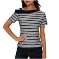 thumbnail image 1 of Women Cold Shoulder Tops with Colorblock Collar Striped Print Short Sleeve T-shirts Casual Summer Trendy Tees (L, Gray), 1 of 8