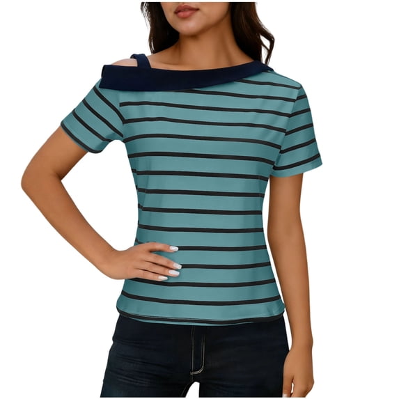 Women Cold Shoulder Tops with Colorblock Collar Striped Print Short Sleeve T-shirts Casual Summer Trendy Tees (S, Green)