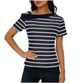 thumbnail image 1 of Women Cold Shoulder Tops with Colorblock Collar Striped Print Short Sleeve T-shirts Casual Summer Trendy Tees (XL, Navy), 1 of 8