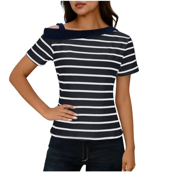 Women Cold Shoulder Tops with Colorblock Collar Striped Print Short Sleeve T-shirts Casual Summer Trendy Tees (XL, Navy)