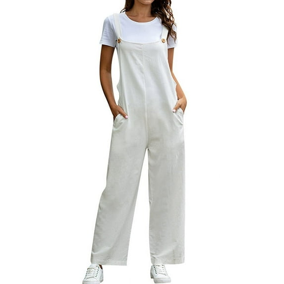 Women Colid Color U Neck Pockets Wide Leg Overalls
