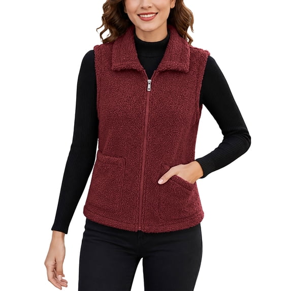 Women Collar Fleece Vest Zip up Sleeveless Fuzzy Warm Waistcoat Casual Fall Winter Daily Outerwear with Pockets Red XXL