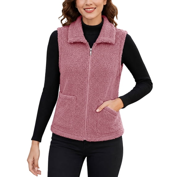 Women Collar Fleece Vest Zip up Sleeveless Fuzzy Warm Waistcoat Casual Fall Winter Daily Outerwear with Pockets XL