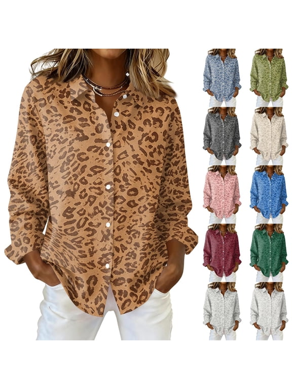 Women Collared Button Down Tunic Shirt Long Sleeve Leopard Print Blouse Loose Fit Versatile Casual Clothing 2XL