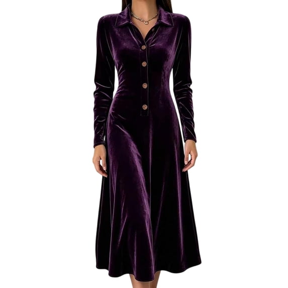 Women Collared Button Front Velvet Midi Dress, Long Sleeve High Waist A Line Flowy Dress, Elegant Vintage Formal Guest Dress for Wedding Holiday Cocktail Party,Dark Purple,XL