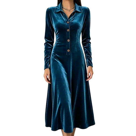 Women Collared Button Front Velvet Midi Dress, Long Sleeve High Waist A Line Flowy Dress, Elegant Vintage Formal Guest Dress for Wedding Holiday Cocktail Party,Blue,S