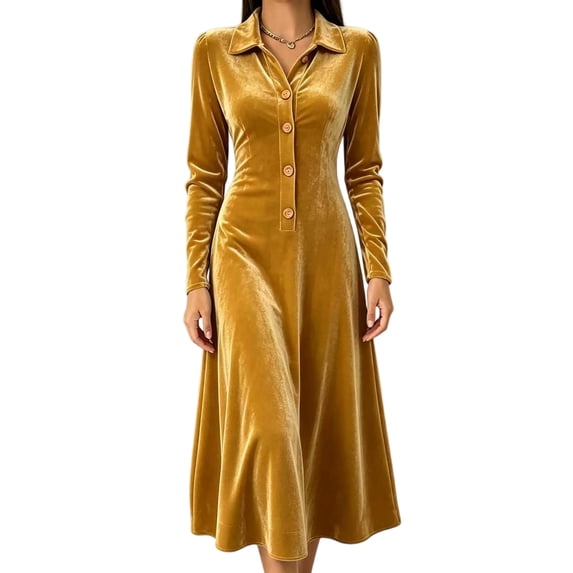 Women Collared Button Front Velvet Midi Dress, Long Sleeve High Waist A Line Flowy Dress, Elegant Vintage Formal Guest Dress for Wedding Holiday Cocktail Party,Gold,S