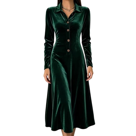 Women Collared Button Front Velvet Midi Dress, Long Sleeve High Waist A Line Flowy Dress, Elegant Vintage Formal Guest Dress for Wedding Holiday Cocktail Party,Dark Green,L