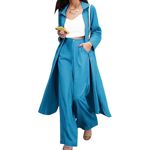 Women Collared Button Up Business Office Ol Work Suits Long Shirt Outwear Blazer Wide Leg Pant Solid 2 Pieces
