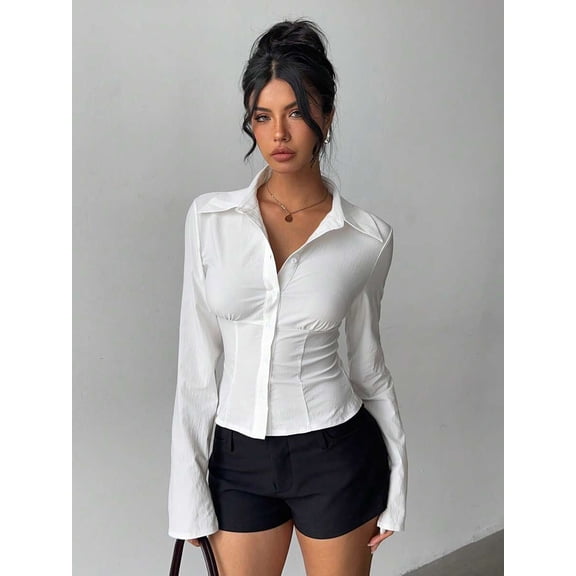 Women Collared Button Up Shirt Long Sleeve Cinched Waist Fitted Office Commute Blouse