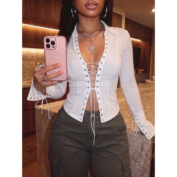Women Collared Long Sleeve Crop Top Front Lace Up Design Flare Cuff Slim Fit Shirt for Casual Outings