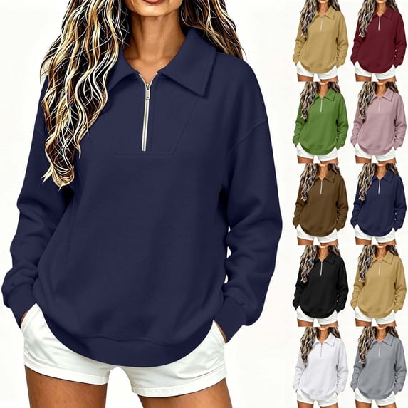 Women Collared Quarter Zip Sweatshirt Sevevn Long Sleeve Side Pocket Loose Fit Solid Casual Pullover Tops