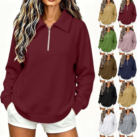 Women Collared Quarter Zip Sweatshirt Sevevn Long Sleeve Side Pocket Loose Fit Solid Casual Pullover Tops