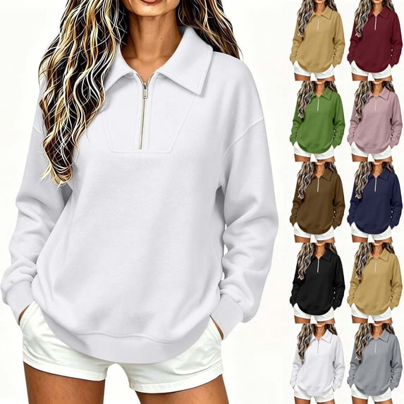 Women Collared Quarter Zip Sweatshirt Sevevn Long Sleeve Side Pocket Loose Fit Solid Casual Pullover Tops