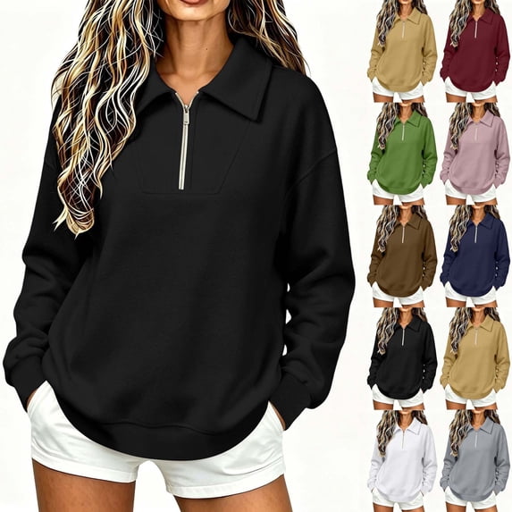 Women Collared Quarter Zip Sweatshirt Sevevn Long Sleeve Side Pocket Loose Fit Solid Casual Pullover Tops