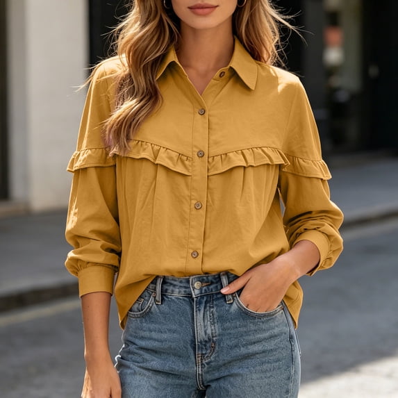Women Collared Ruffled Shirts Long-Sleeved Button Down T-shirts (Orange XL)