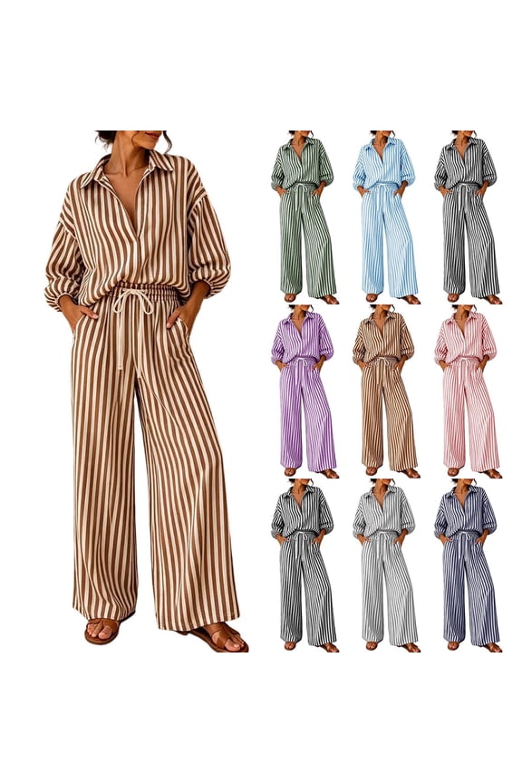 Women Collared Striped Two Piece Set, 3/4 Sleeve V Neck Button Top High Waist Pocket Wide Leg Pants Summer Resort Casual Outfit Purple XL(XL)