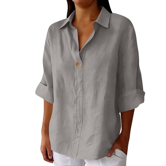Women Collared V-Neck Linen Tee Shirt, Female Casual Solid Color Button 3/4 Sleeve Pullover Classic T-Shirt, (Women’s)