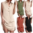 thumbnail image 1 of Women Collared V Neck Mini Summer Dress Sleeveless Front Buttons A Line Curved Hem Casual Spring Beach Dresses Black, 1 of 7