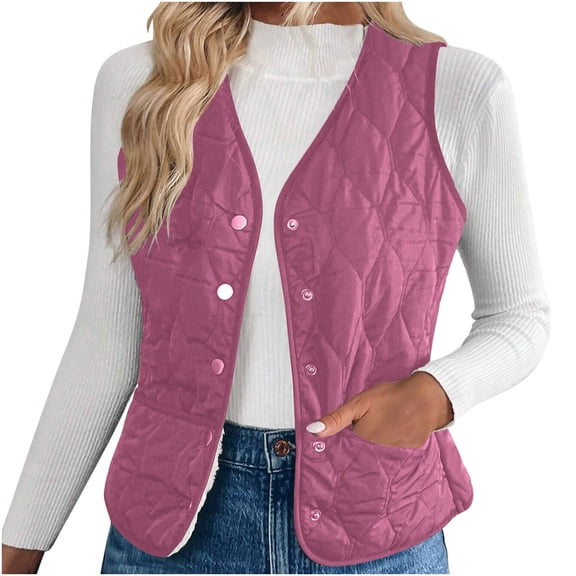 Women Collarless Button Down Vest Sleeveless Quilted Winter Warm Jacket 2025 Cropped Chunky Coats with Side Pocket