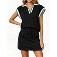 thumbnail image 1 of Women Color Block 2 Pieces Set Cap Sleeve V Neck Polo Tiops and Tennis Skirt Outfit Sets, 1 of 7