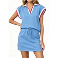 thumbnail image 1 of Women Color Block 2 Pieces Set Cap Sleeve V Neck Polo Tiops and Tennis Skirt Outfit Sets, 1 of 7