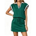 thumbnail image 1 of Women Color Block 2 Pieces Set Cap Sleeve V Neck Polo Tiops and Tennis Skirt Outfit Sets, 1 of 7