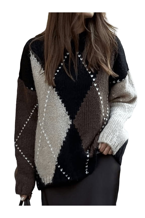 Women Color Block Argyle Plaid Oversized Chunky Knit Crewneck Sweaters