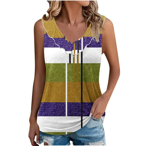 Women Color Block Casual Tank Tops Stripe Printed Blouses Ruffle Collar V Neck Camis Dressy Tunic Top Loose Comfy Summer Vest Trendy Going Out Streetwear Singlets