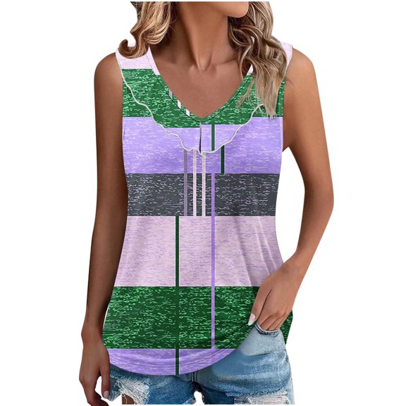 Women Color Block Casual Tank Tops Stripe Printed Blouses Ruffle Collar V Neck Camis Dressy Tunic Top Loose Comfy Summer Vest Trendy Going Out Streetwear Singlets