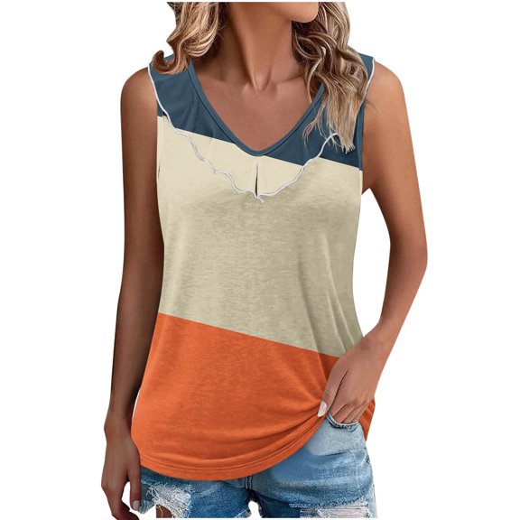 Women Color Block Casual Tank Tops Stripe Printed Blouses Ruffle Collar V Neck Camis Dressy Tunic Top Loose Comfy Summer Vest Trendy Going Out Streetwear Singlets