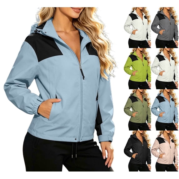 Women Color Block Hooded Windbreaker Full Zip Cropped Outdoor Jacket Elastic Cuff Pocketed Lightweight Fall Windproof Coat
