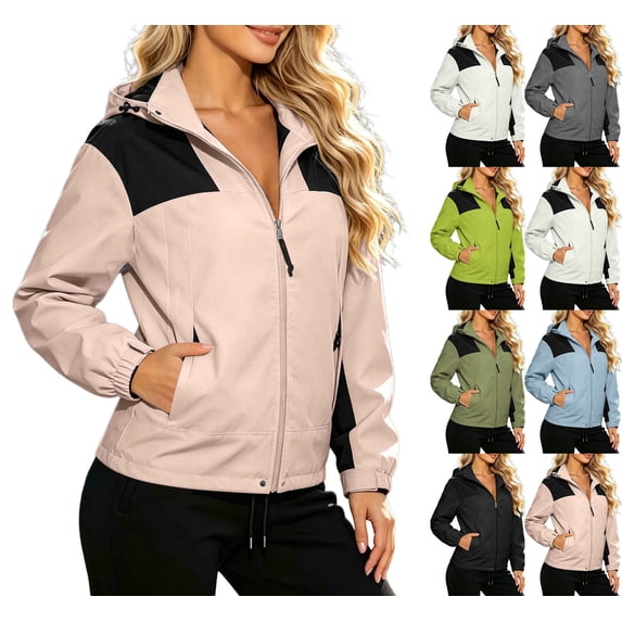 Women Color Block Hooded Windbreaker Full Zip Cropped Outdoor Jacket Elastic Cuff Pocketed Lightweight Fall Windproof Coat