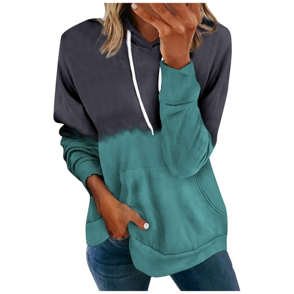 Women Color Block Hoodies Blouse Tie Dye Long Sleeve Loose Pullover Sweatshirt Fashion Autumn Hoody Shirt with Pocket