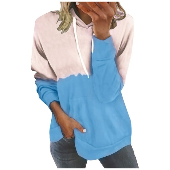 Women Color Block Hoodies Blouse Tie Dye Long Sleeve Loose Pullover Sweatshirt Fashion Autumn Hoody Shirt with Pocket