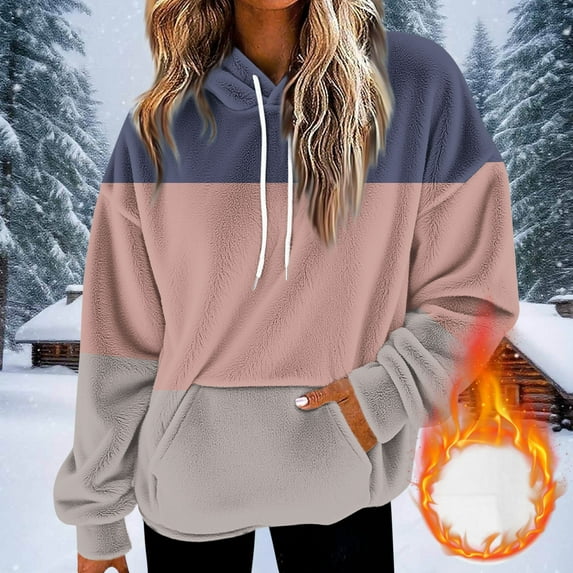 Women Color Block Hoodies Pullover Casual Thin Sweatshirts with Pockets Loose Fit Long Sleeve Drawstring Design Hoody Sweatshirt Pink XL