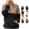 thumbnail image 1 of Women Color Block Leopard Print Sherpa Half Zip Pullover Hoodie Sweatshirt Top for Winter, 1 of 3