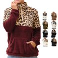 thumbnail image 1 of Women Color Block Leopard Print Sherpa Half Zip Pullover Hoodie Sweatshirt Top for Winter, 1 of 3