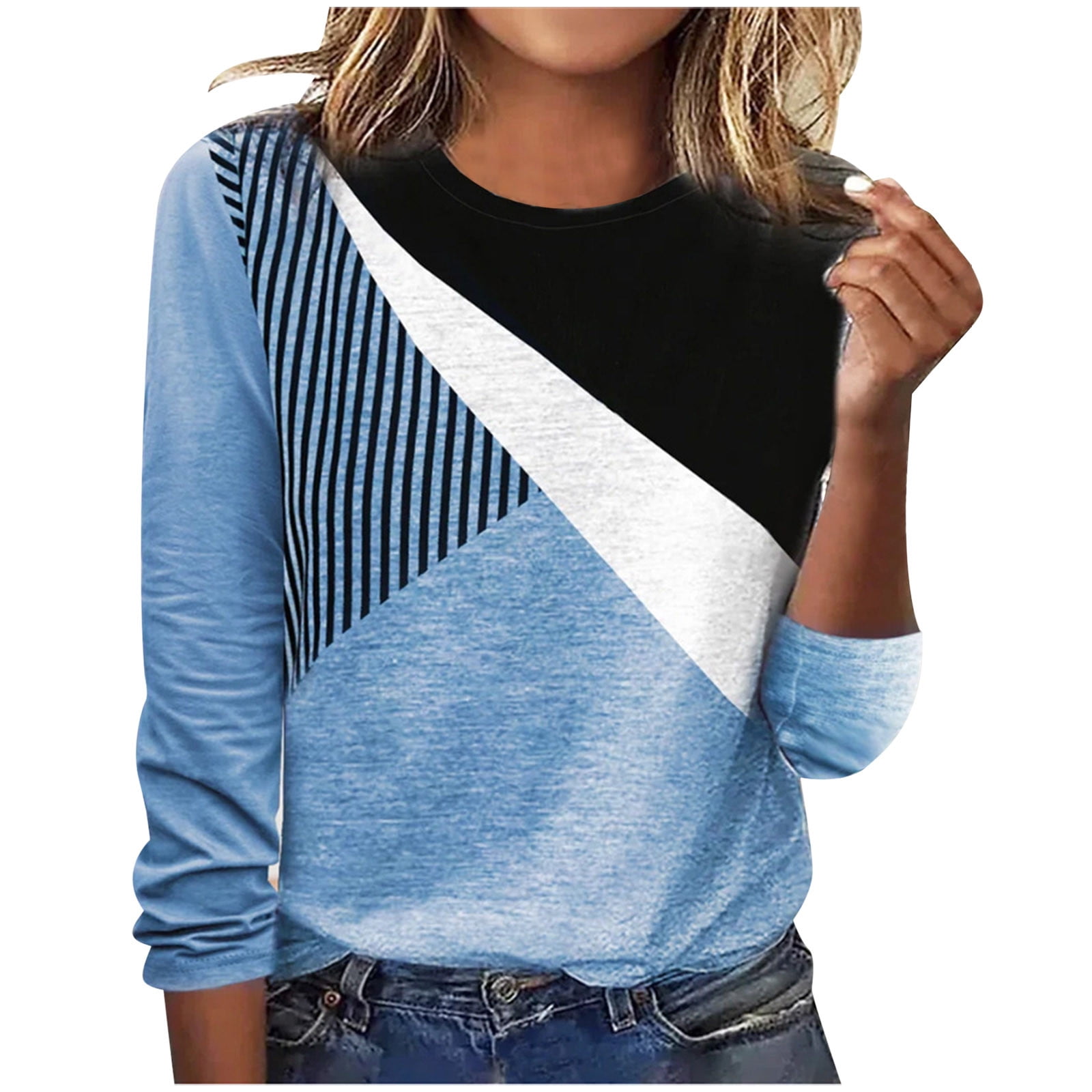 Women Color Block Long Sleeve Crewneck Shirts Tops Casual Comfy Thin ...