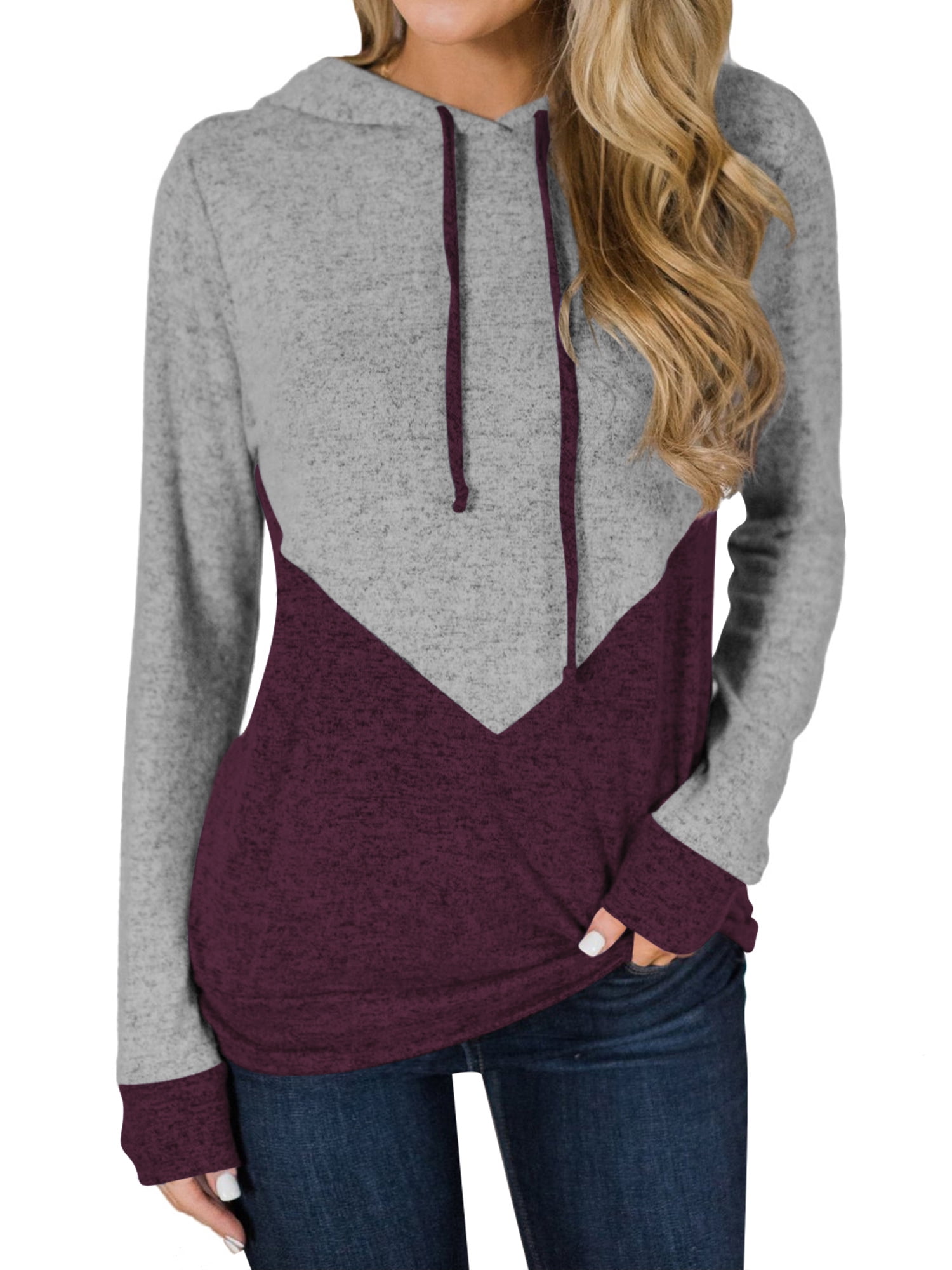 Women Color Block Long Sleeve Drawstring Hooded Top - Walmart.com